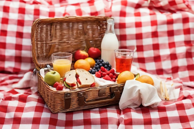 Picnic basket filled with food on red Gingham fabric