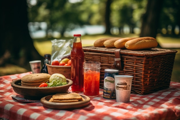 Корзина для пикника, наполненная сэндвичами и кувшином холодного чая.