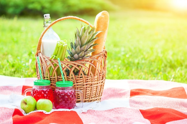 Picnic basket, fruit, juice in small bottles, apples, pineapple summer, rest, plaid, grass Copyspace