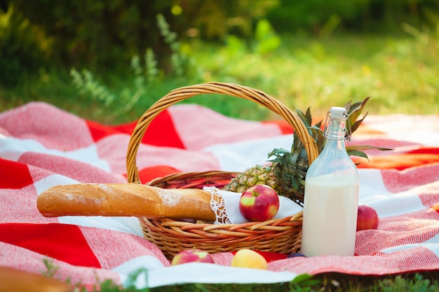 Picnic basket, fruit, milk, apples, pineappe summer, rest, plaid, grass Close up