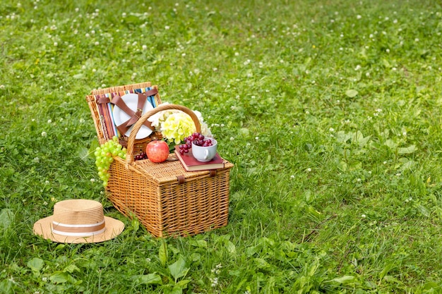 Picnic basket on green grass in the park Delicious food for lunch outdoors Nice summer day Space for copy