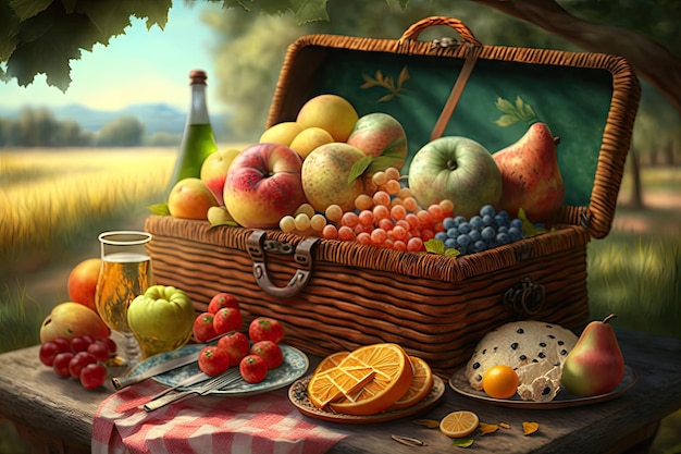 Picnic basket overflowing with colorful fruits and pastries created with generative ai