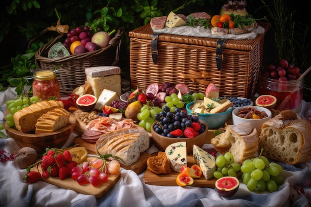 Picnic basket overflowing with delicious delights ready for a feast created with generative ai