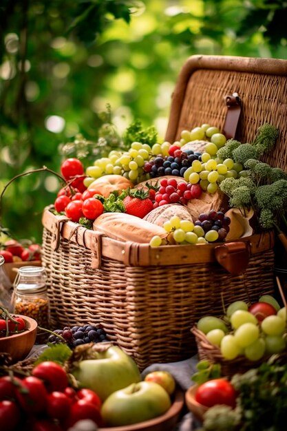 Picnic basket overflowing with delicious food Generative Ai