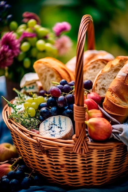 Picnic basket overflowing with delicious food Generative Ai