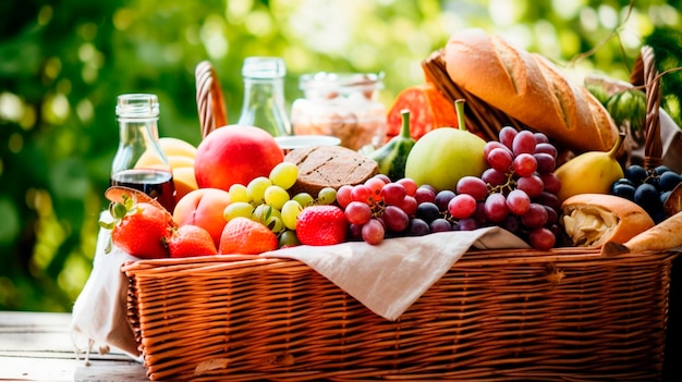 Picnic basket overflowing with delicious food generative ai