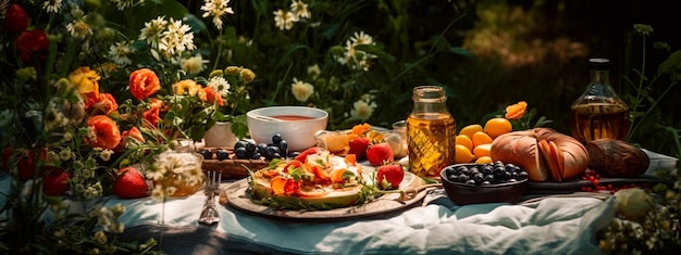 Picnic basket overflowing with delicious food Generative Ai