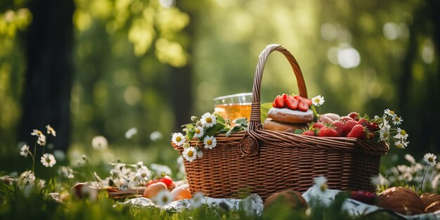 Picnic Basket on Park Background Banner with place for text