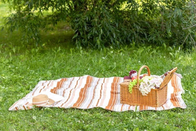 Picnic basket on a plaid and green meadow Summer picnic concept Copy space Banner