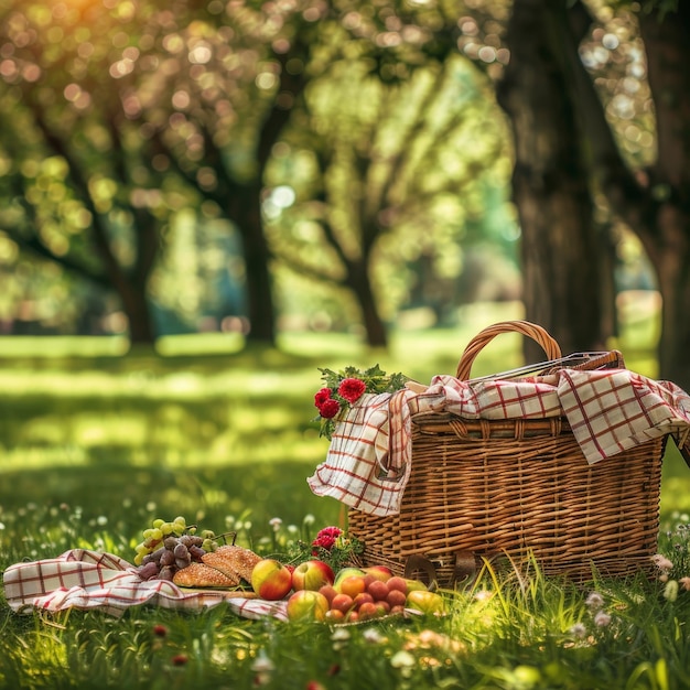 여름 공원에서 피크닉 바구니 야외 점심 잔디 위에서 점심 봄 휴가 레저 피크닉바구니