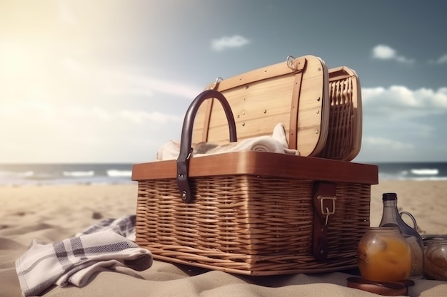 Picnic basket on sunny beach Picnic background AI generated