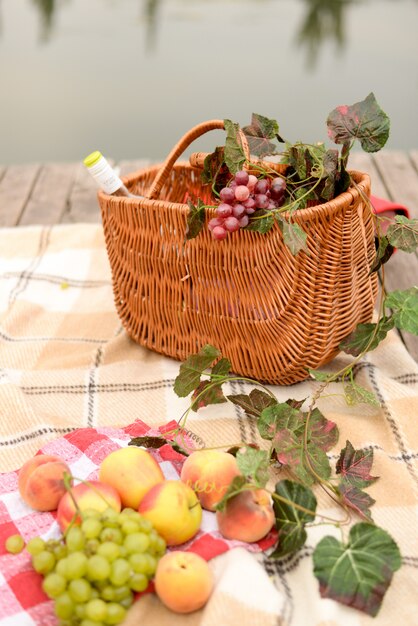 Photo picnic basket wine and fruits with lake view