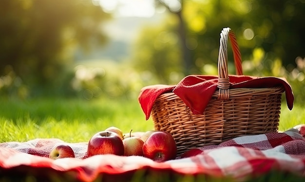 A picnic basket with apples on a blanket