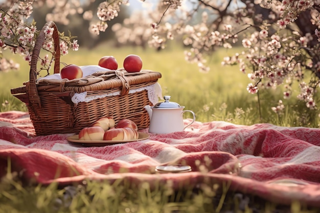 A picnic basket with a basket of apples on a blanket in a field of blooming cherry trees.