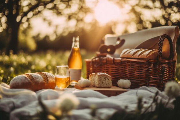 a picnic basket with bread eggs