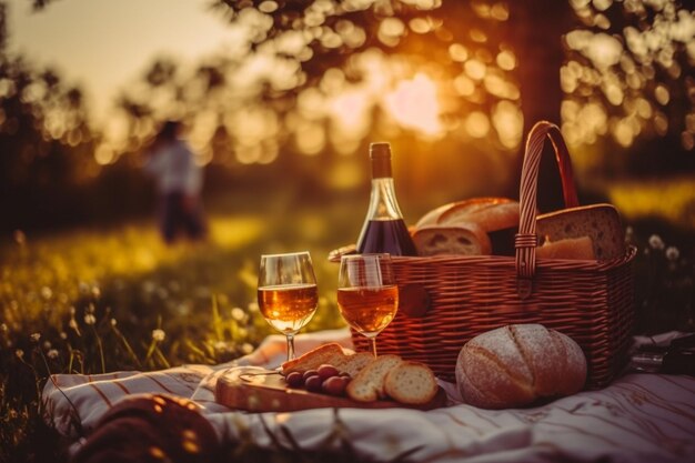 a picnic basket with bread eggs