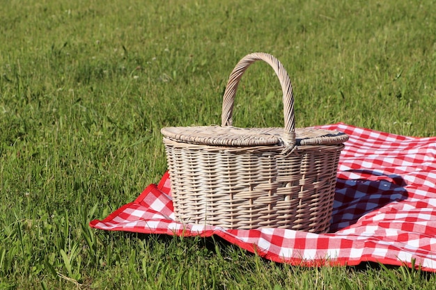 Picnic basket with checkered tablecloth on green grass outdoors space for text