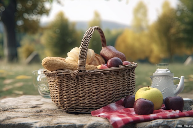 Picnic basket with croissants apples and plaid on the nature Generative AI