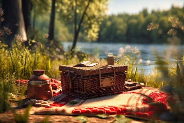 A picnic basket with a cup of coffee sits on a blanket in front of a river.