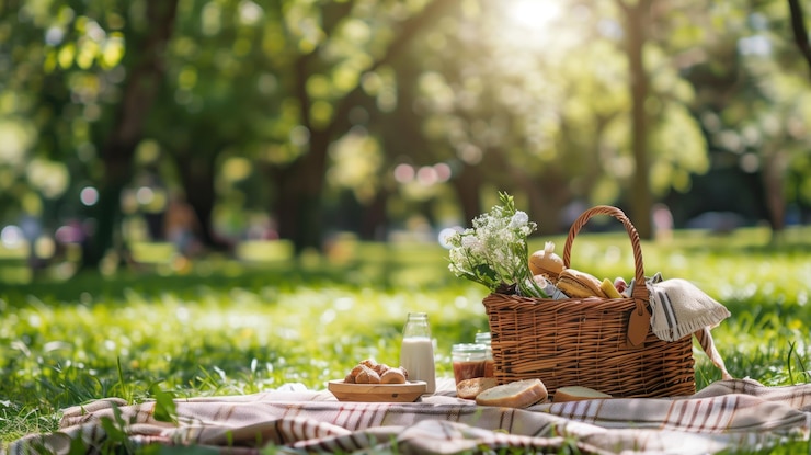 Photo picnic basket with food on blanket in sunny park