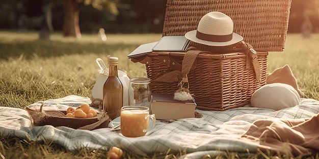 Picnic basket with fruit and bakery on cloth in garden AI generated