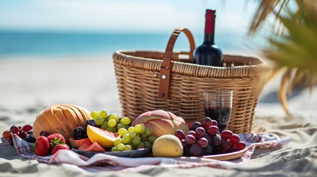 Foto un cesto da picnic con frutta e vino su una spiaggia