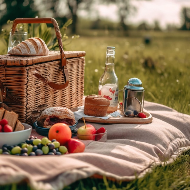 Picnic basket with fruits and wine on the grass in the park