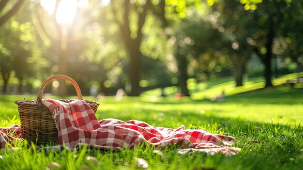 Foto cesto da picnic con coperta a scacchi rossi sull'erba verde nel parco