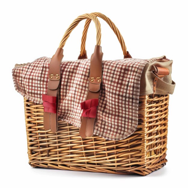 a picnic basket with a red ribbon