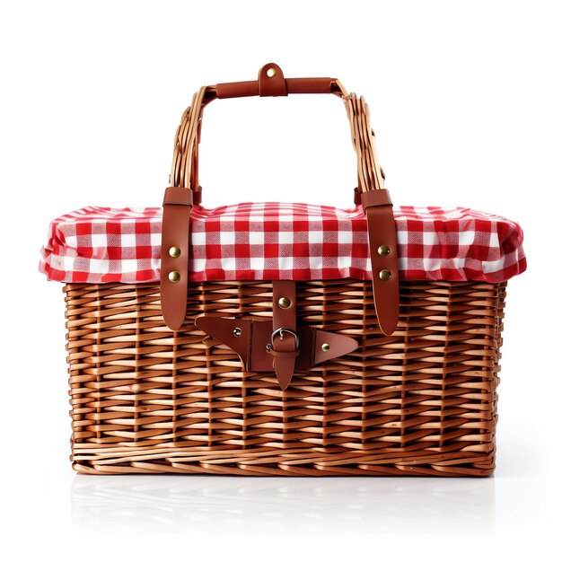Foto un cesto da picnic con un panno a scacchi rosso e bianco