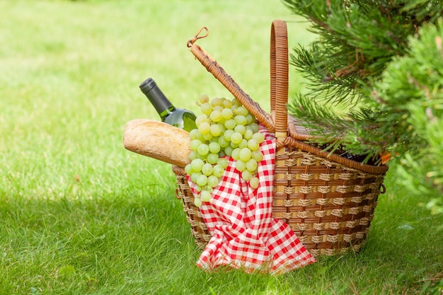 Picnic basket with wine and baguette