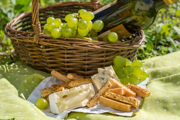 Picnic basket with wine cheese and grapes on a grass