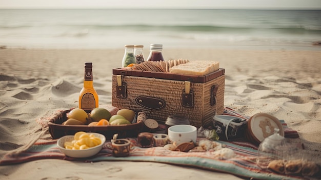 Picnic on the beach with a basket of food on the sand