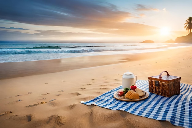 Picnic on the beach with a basket of food