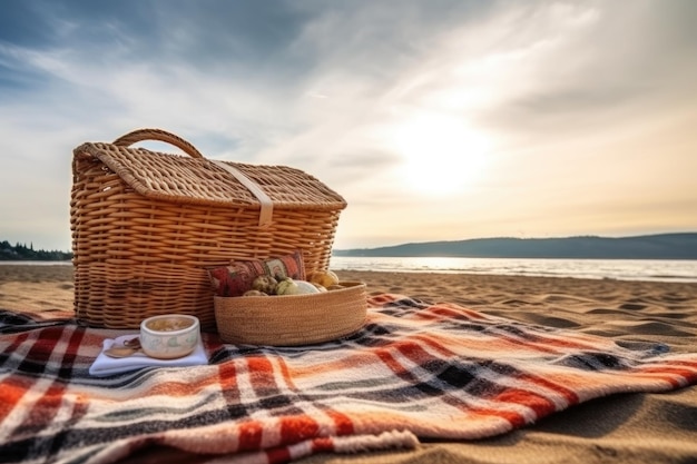 Picnic blanket and basket on the beach under a warm sunny sky created with generative ai