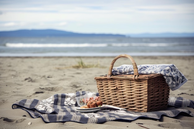 Picnic blanket and basket on beach waterfront view