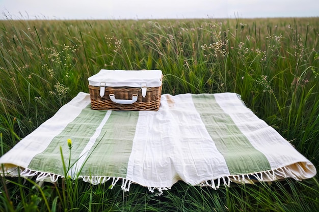 Picnic blanket and a basket in a field