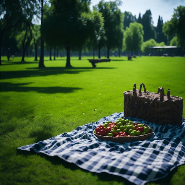 A picnic blanket with a basket of apples on it.