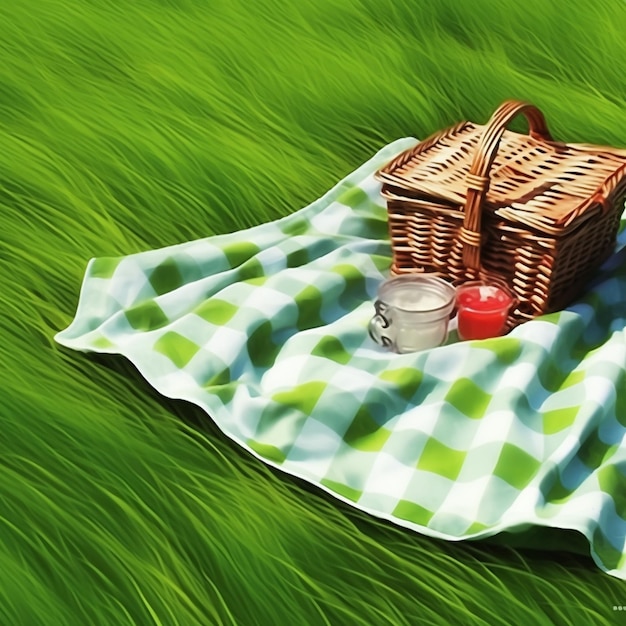 a picnic blanket with a basket and a cup of tea on it