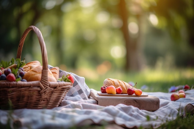 Picnic blanket with a basket of fresh fruits and sandwiches in a sunny park summer