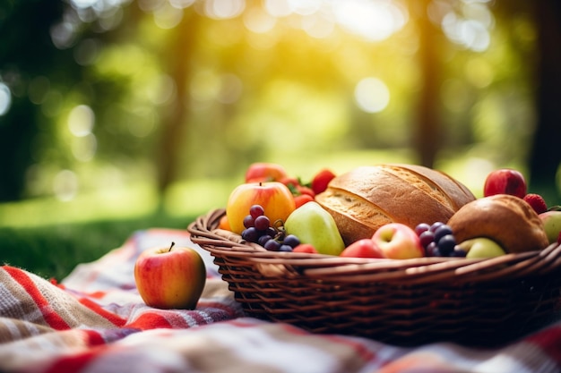 Picnic blanket with a basket of fresh fruits and sandwiches in a sunny park summer