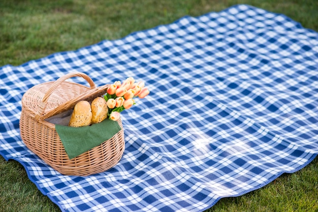 Picnic blanket with a basket on grass