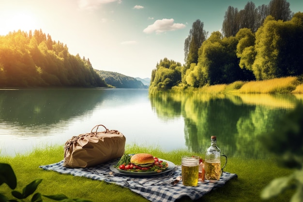 Picnic on a blanket with a bottle of beer on the table