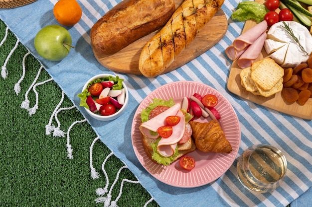 Foto coperta da picnic con taglieri di salumi cibo e vino sani nel parco sull'erba in una giornata di sole