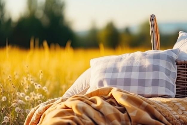 Picnic blanket with empty basket outdoors wide view symbolizes free time and family outing