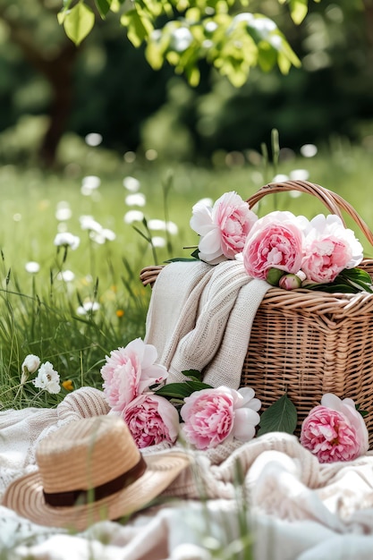 Picnic at blooming peonies meadowTablecloth on the grass in a park Outdoors rest Breakfast on the