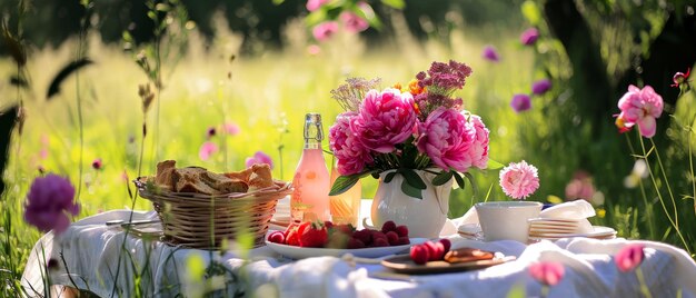 Picnic at blooming peonies meadowTablecloth on the grass in a park Outdoors rest Breakfast on the