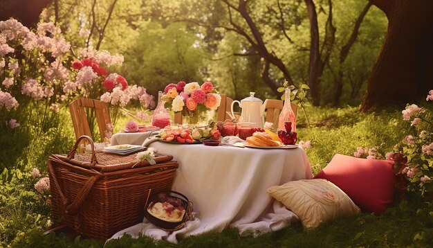 A picnic in a blooming spring garden complete with a basket blanket and valentines day treats