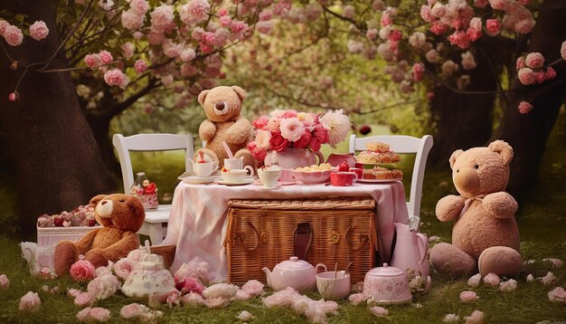 A picnic in a blooming spring garden complete with a basket blanket and valentines day treats