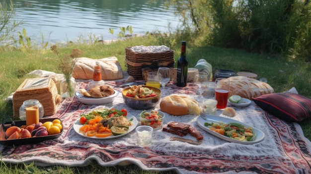 A picnic by the lake is set up for a picnic.